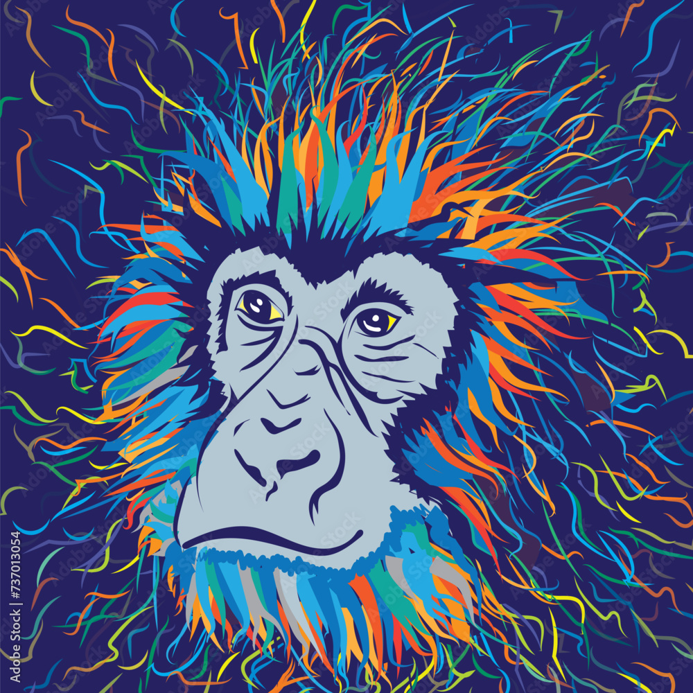 Vibrant vector art of a gorilla's face bursts with color, resembling colorful ribbons. Perfect for walls or screens, it brings wild energy and captivating allure to any space
