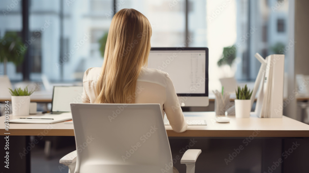 Rear view of a young woman working in front of computer in an open office work space Rear view of a young woman working in front of computer in an open office work space