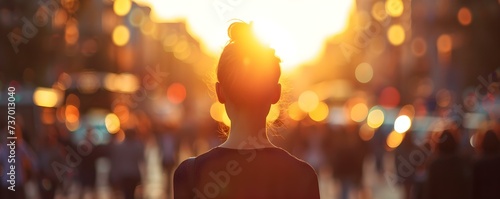 Woman amidst bustling city crowd bathed in golden sunset glow. Concept Golden Hour Portraits, Cityscape Photography, Urban Sunset Beauty, Vibrant Street Scenes