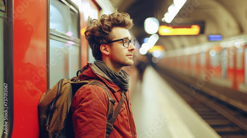 Man standing in subway station with backpack. Ideal for travel or urban lifestyle concepts