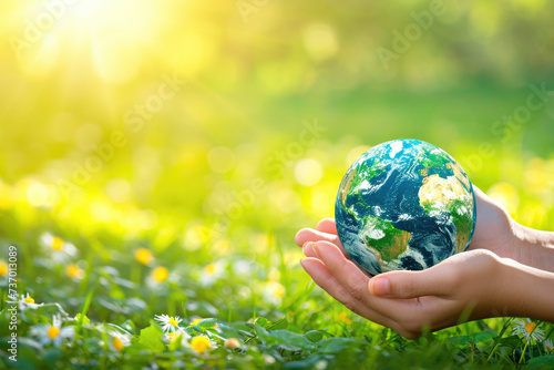Person holding small earth in their hands. This image can be used to represent global issues, environmental conservation, or concept of unity and interconnectedness