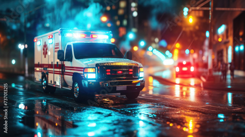 Ambulance is driving down street at night. Suitable for medical emergency, transportation, and nighttime city scenes