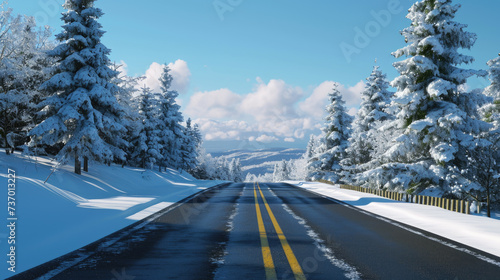 Picture of snow covered road with trees on both sides. Perfect for winter and nature themes