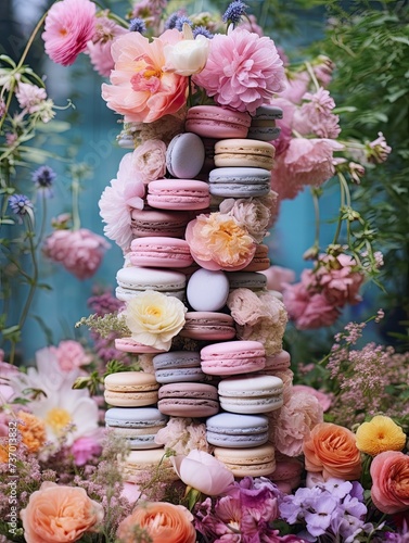 Pastel Parisian Macaron Tower  Blooming Flora and Garden View Medley