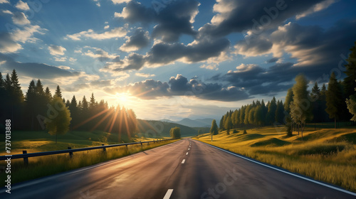Highway road in the sunset towards the horizon with light clouds - travaling journey and achieving goals | Generative AI photo