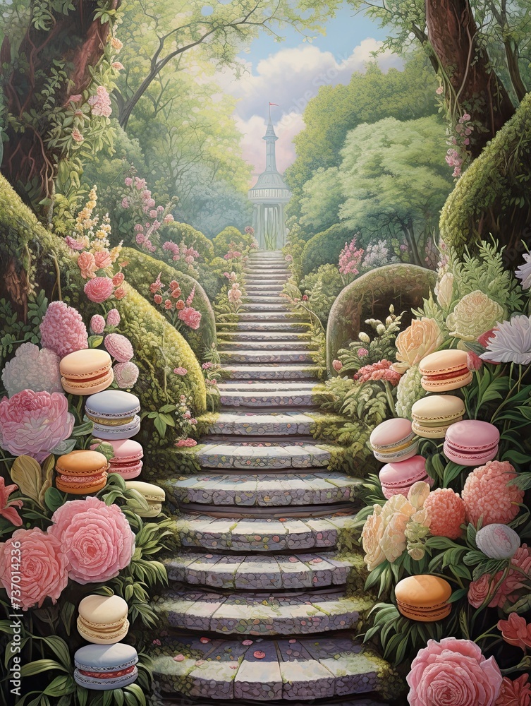 Pastel Parisian Macaron Towers: Pathway Scenic Garden Tea Party Wonderland - obrazy, fototapety, plakaty 