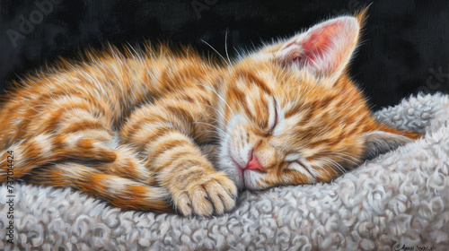 Peaceful image of kitten sleeping on soft blanket. Perfect for pet lovers and relaxation themes
