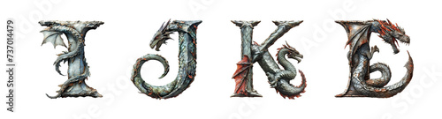 Letters I, J, K, L in dragon style. Unusual fantasy font on the transparent background.