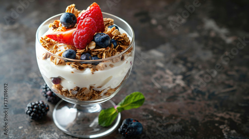 Refreshing glass of yogurt topped with juicy berries and crunchy granola. Perfect for healthy breakfast or snack