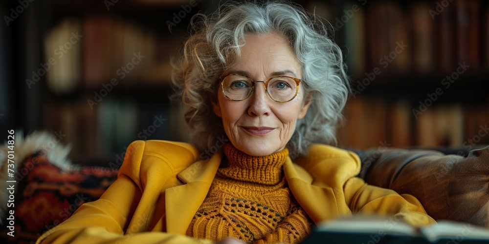 Confident older woman with a serene smile, enjoying a book at home and representing wisdom. Confident older woman with a serene smile, enjoying a book at home and representing wisdom.