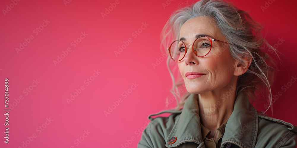 Confident older woman with gray hair and glasses radiating happiness and health in a studio portrait against a pink background. Confident older woman with gray hair and glasses radiating happiness and health in a studio portrait against a pink background.