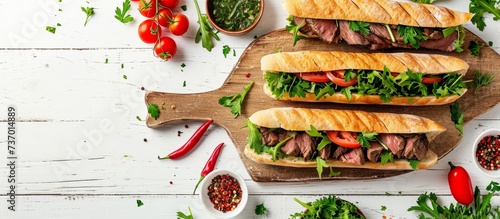 Three sandwiches are displayed on a wooden cutting board, showcasing a delicious combination of ingredients. The artful presentation enhances the appeal of the food