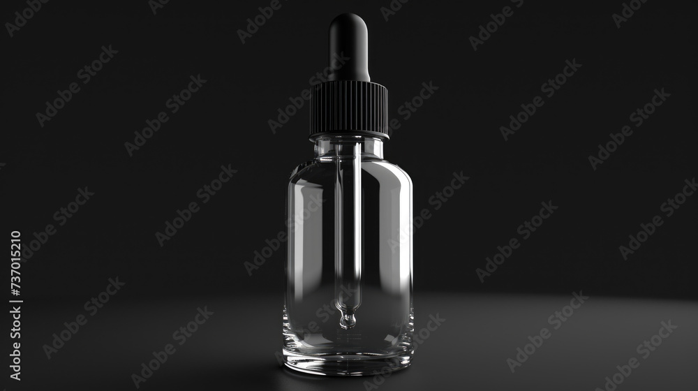 Glass bottle with dropper sitting on table. Suitable for use in healthcare, beauty, and scientific concepts