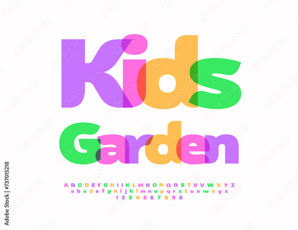 Vector colorful banner Kids Garden. Children cute Font. Modern Bright  Alphabet Letters and Numbers.