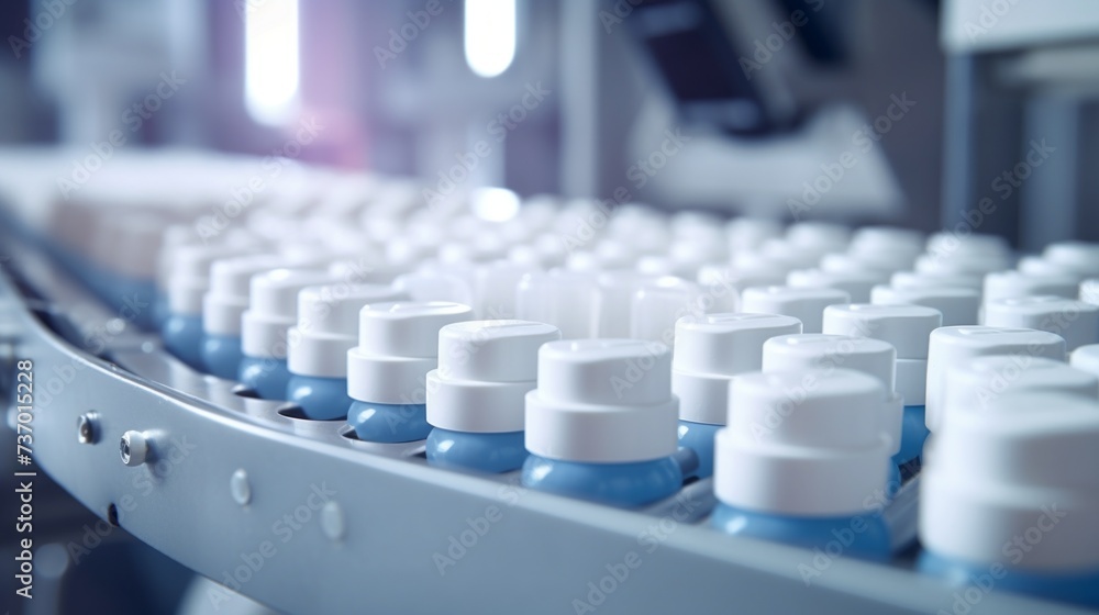 Close-up of white tablets on an automatic conveyor line in a pharmaceutical factory. Production of medicines, painkillers, vitamins in a modern laboratory. Close-up of white tablets on an automatic conveyor line in a pharmaceutical factory. Production of medicines, painkillers, vitamins in a modern laboratory.