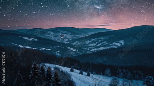 Stunning view of night sky filled with stars above majestic snowy mountain range. Perfect for capturing beauty of nature and serenity of winter landscape