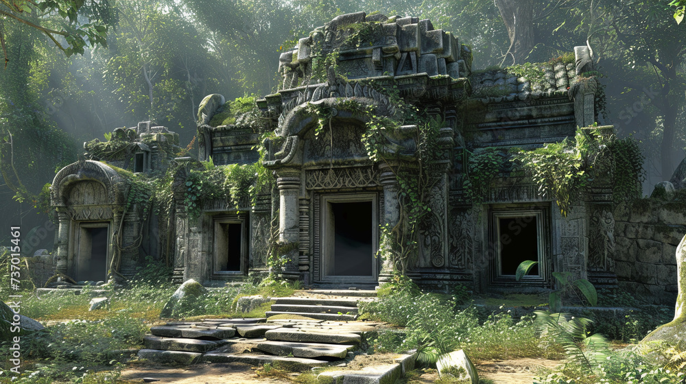 An ancient, abandoned temple, shrouded in mystery, is overtaken by nature. The sacred architecture, adorned with intricate carvings, stands silent amidst the encroaching forest.