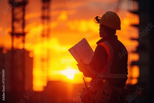 A silhouette of male architect or engineer looking at the blueprint Planning and reviewing blueprints while standing and talking on a construction site in the evening light of sunset