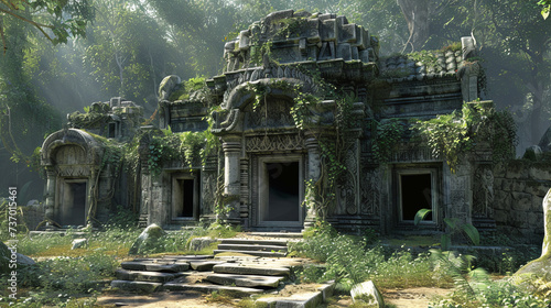 An ancient  abandoned temple  shrouded in mystery  is overtaken by nature. The sacred architecture  adorned with intricate carvings  stands silent amidst the encroaching forest.