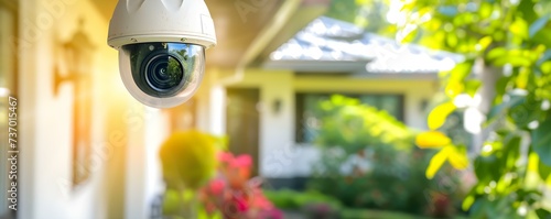 Surveillance camera outside a residence for remote home monitoring and security. Concept Home Surveillance, Remote Monitoring, Security Camera, Residential Security, Outdoor Monitoring