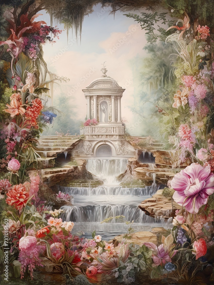 Renaissance Garden Fountains Canvas Print: Water Flow Artwork in Serene Landscapes