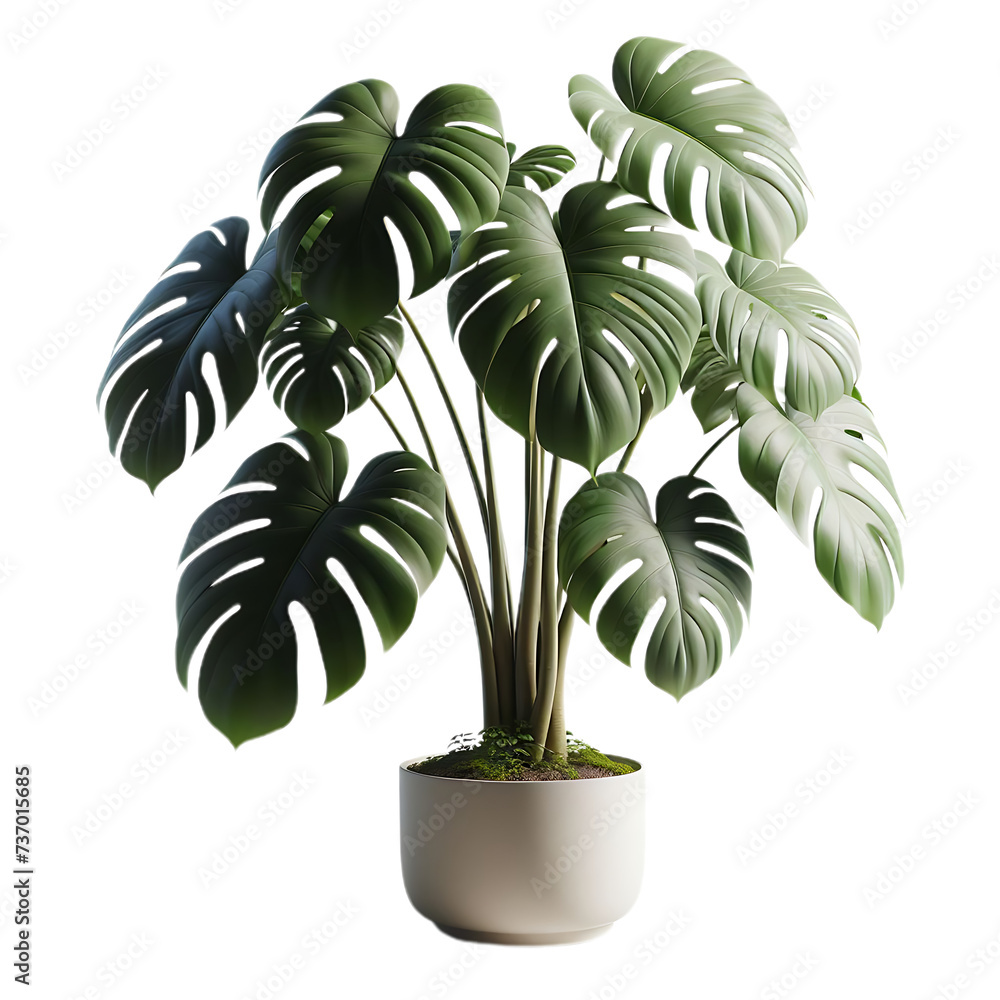 10 monstera leaves, minimal, in a white pot. Isolated, transparent background.