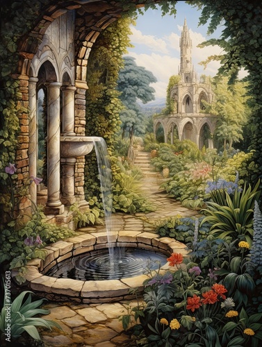 Renaissance Garden Fountains: A Captivating Country Landscape Painting of Tranquil Rural Water Design
