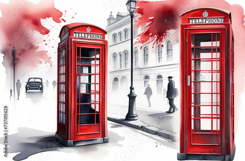 Beautiful watercolor illustration of red London telephone boxes in London, UK. © May
