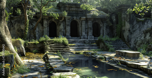 A sacred, ancient temple, adorned with intricate architecture, stands abandoned, reclaimed by nature, bathed in a soft, serene light.