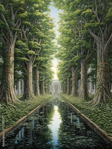 Renaissance Garden Fountains  Tree Line Artwork Featuring Captivating Fountains Under Canopy