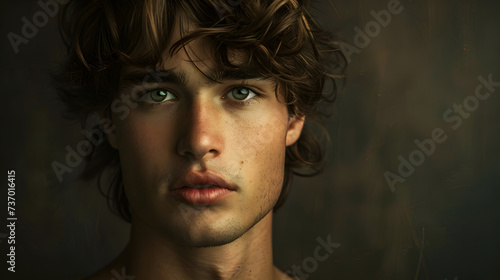 California handsome surfer style male young man model with brown hair portrait, , chiaroscuro dramatic studio lighting