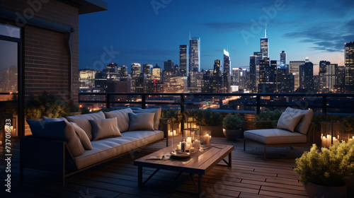 Rooftop patio with a city