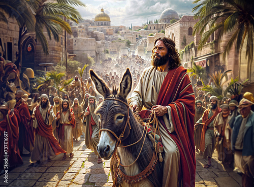 Jesus entering Jerusalem on donkey on Palm Sunday photo