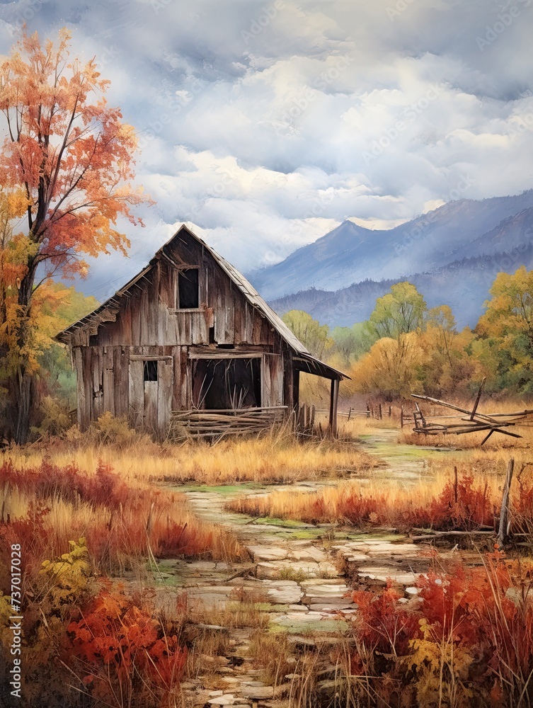 Rustic Barns in Fall Foliage: Serene Pastoral Landscape Print Rustic Barns in Fall Foliage: Serene Pastoral Landscape Print