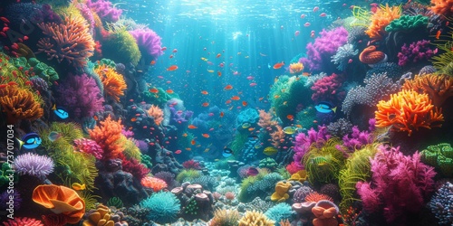 Underwater World of Coral Reef Life teeming with Colorful Fishes amidst the Intricate Beauty of Coral Formations showcasing the Diversity Vibrancy of Marine Life created with Generative AI Technology