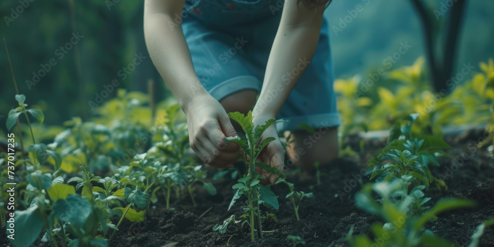 Naklejka premium Woman is shown kneeling down in field of plants. This image can be used to depict gardening, agriculture, nature, or relaxation