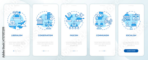 Political ideologies blue onboarding mobile app screen. Walkthrough 5 steps editable graphic instructions with linear concepts. UI, UX, GUI template. Myriad Pro-Bold, Regular fonts used
