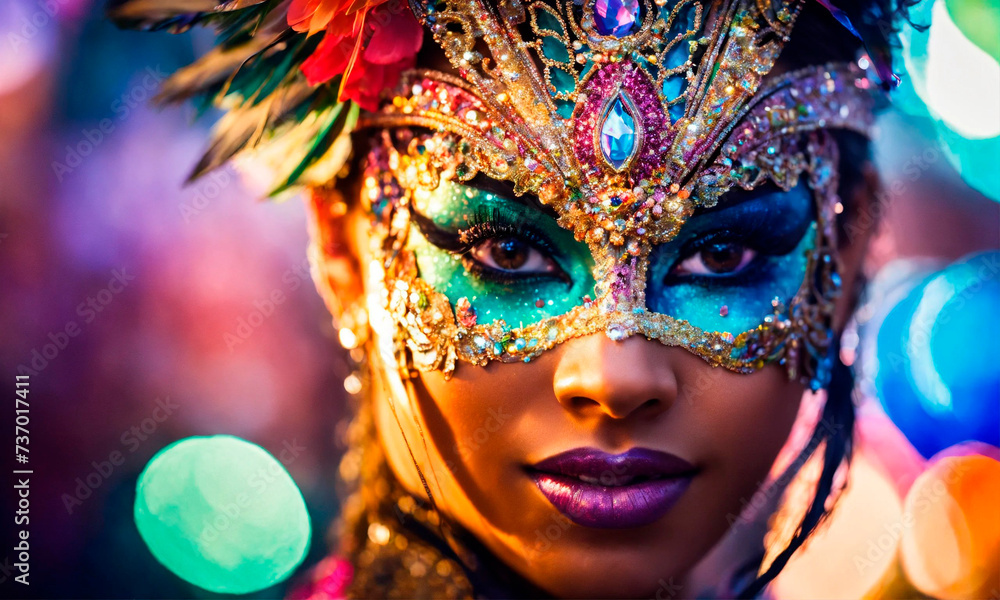 portrait of a woman in a mask at the Brazilian carnival. Selective focus.