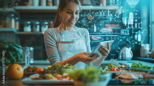 A close-up of a happy and smiling woman wearing an apron is preparing a meal and holding a tablet with virtual hologram graphic icons of recipe in front of, with a blurred kitchen background. photo