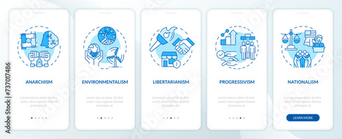 Philosophical politic ideologies blue onboarding mobile app screen. Walkthrough 5 steps editable graphic instructions with linear concepts. UI, UX, GUI template. Myriad Pro-Bold, Regular fonts used