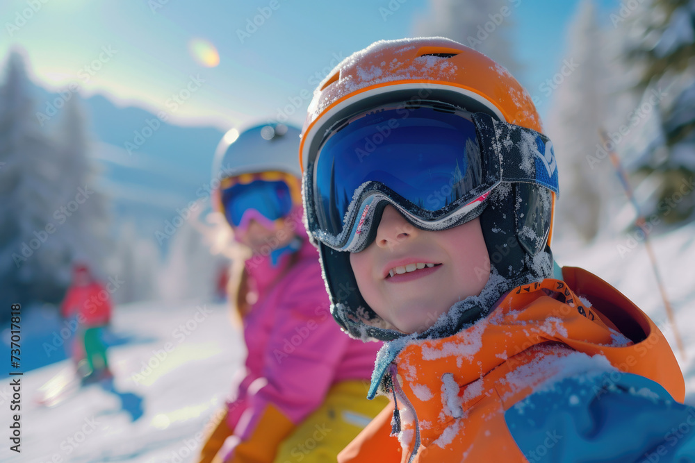 Group of young children skiing down snow-covered slope. Perfect for winter sports or family outdoor activities Group of young children skiing down snow-covered slope. Perfect for winter sports or family outdoor activities