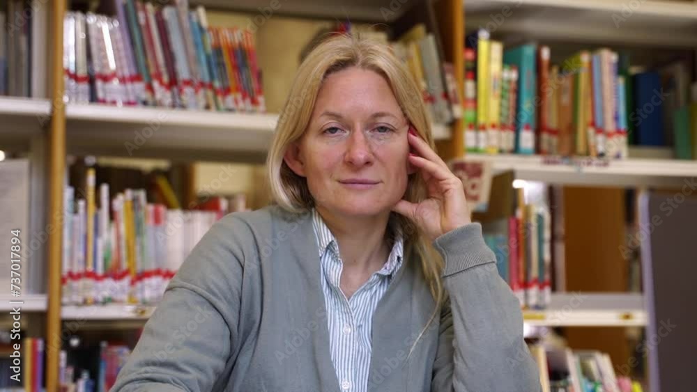 Mature teacher woman looking at camera over school or college library, book shelf and education atmosphere. Mid adult professor using laptop, writing notes, create seminar scientific thesis examining Mature teacher woman looking at camera over school or college library, book shelf and education atmosphere. Mid adult professor using laptop, writing notes, create seminar scientific thesis examining