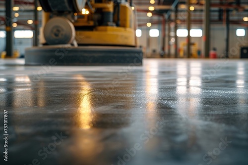 A concrete surface polisher before applying epoxy or polyurethane and epoxy floors using a high-speed floor polisher or surface cleaning machine in a factory. photo