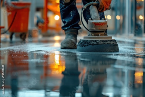 A worker polishes a concrete surface before applying epoxy or polyurethane and epoxy floors with a high-speed floor polisher or surface cleaning machine in a factory.