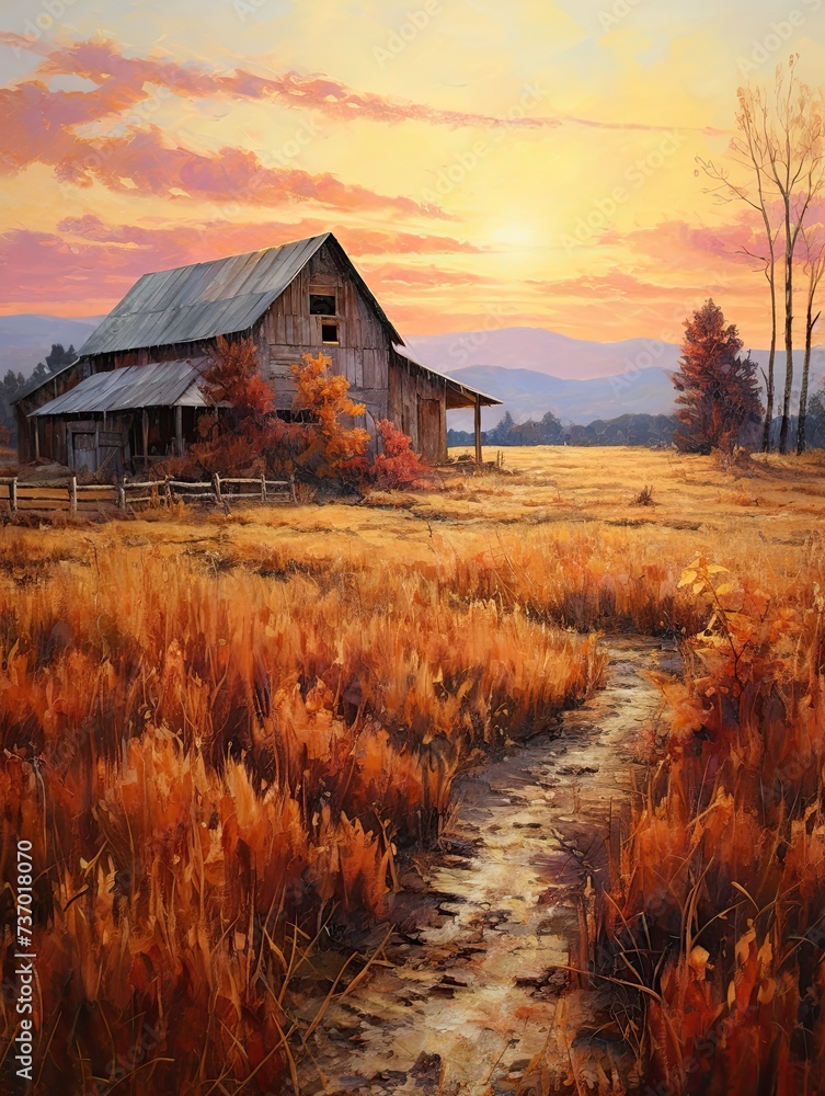 Golden Hour Glimmer: Captivating Rustic Barns in Fall Foliage Sunset Painting