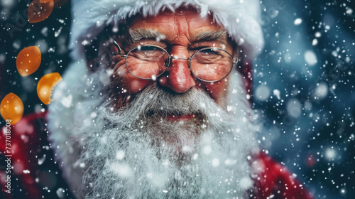 Person wearing glasses and Santa hat up close. Perfect for holiday-themed designs or Christmas-related projects