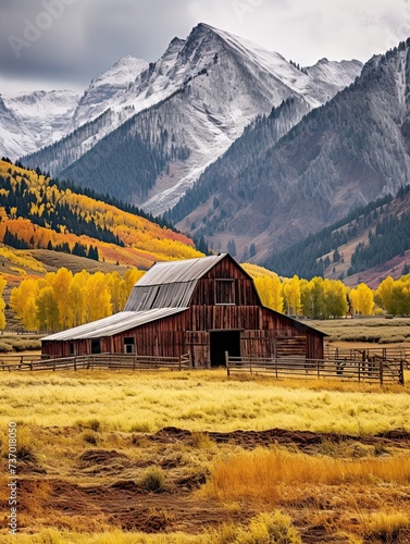 Snow-Covered Rustic Barns Amidst Fall Foliage and Majestic Mountain Scenery