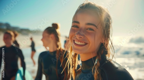 Pre-swim excitement, smiling woman dons wetsuit on sunny shore with friends