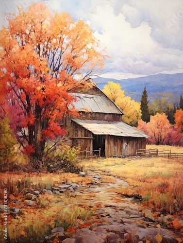 Vibrant Fall Foliage: Captivating Art of Rustic Barns Surrounded by Lively Colors © Michael