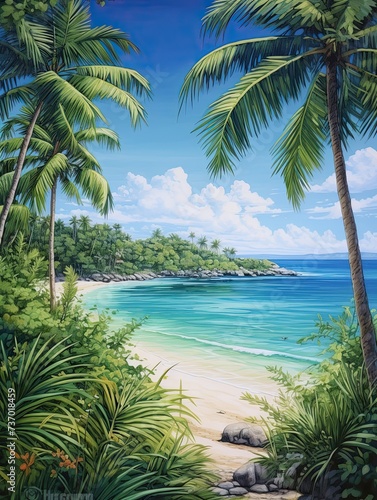 Turquoise Tranquility: A Stunning Caribbean Beach Painting - Sun, Sand, and Sea